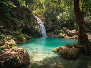 Naklejka premium A Colorful Pool At The Base Of A Tropical Waterfall