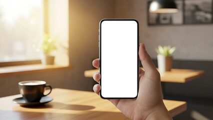 A person holds a modern smartphone with a blank screen in a cozy office during the day to preview or showcase a digital app or design for professional or creative work purposes.