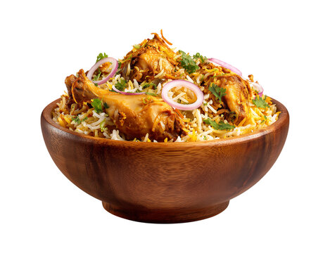 Chicken biryani on wooden bowl with herbs and spices isolated on a transparent background.