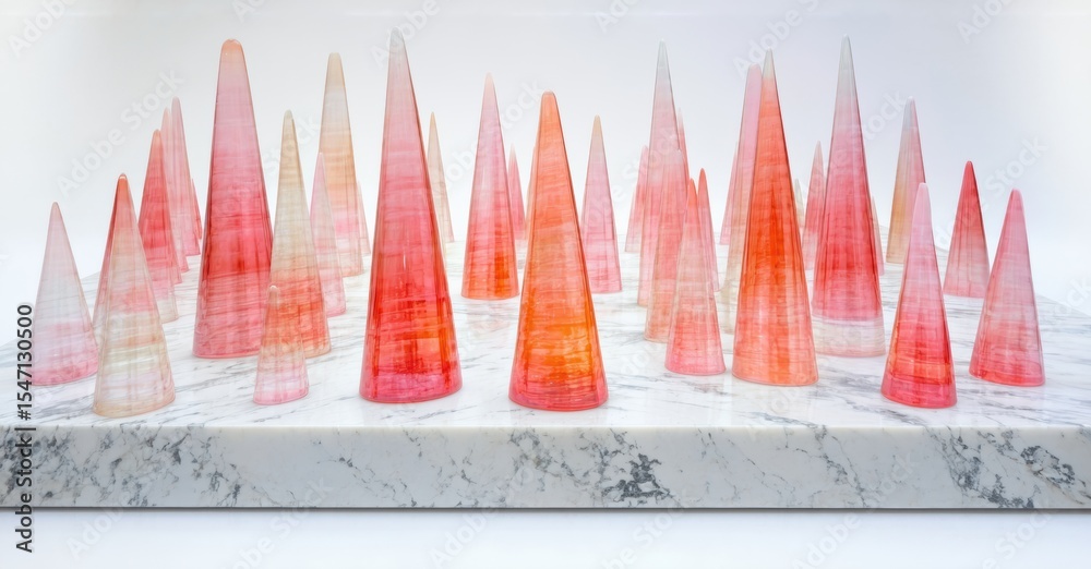 Poster glass cones rest upon marble surface. colors range from pale yellow to deep red. minimalist composit