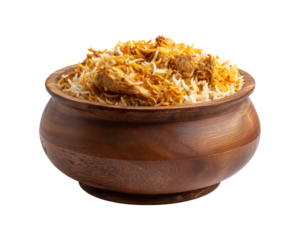 Chicken biryani on wooden bowl with herbs and spices isolated on a transparent background.