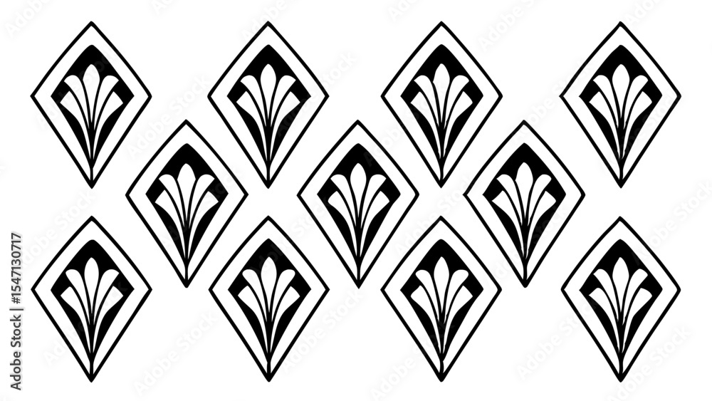 Poster repeating pattern of black and white rhombus shapes with floral design inside arranged in rows creat