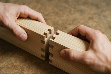 Wooden joint connection with hands holding two pieces of wood demonstrating sustainable engineering work in carpentry and woodworking craft