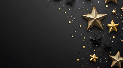 Elegant dark background with glittering gold and black stars celebratory festive design featuring empty space and sparkly elements holiday season atmosphere