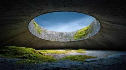 Pride Framed Institution Type. Circular opening in a textured stone structure under a bright sky.
