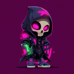 Character design of a futuristic skeleton in a colorful hoodie with neon details and glowing accessories