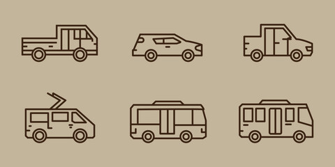Car vecto icon set. Automobile front side logo. Car icons set. The car from different sides. Side view, back, front, bottom, inside. linear icon collection. Line with editable stroke