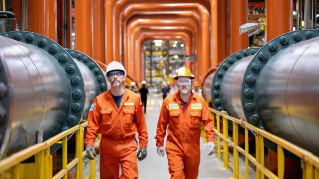Engineers' Collaborative stride in Industrial Landscape: Two engineers walk purposefully through a sprawling industrial setting.