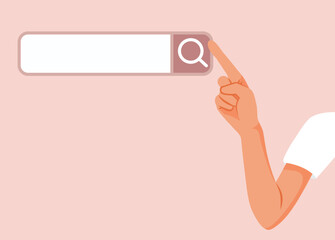 Hand Pointing to a Search Bar Vector Cartoon Illustration. person is browsing the internet in user interface
