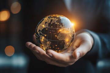 Fototapeta premium Holding Globe in Hand Demonstrating Global Business and Technology Concept
