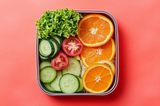 Healthy Bento Box with Fresh Vegetables and Orange Slices on Coral Background