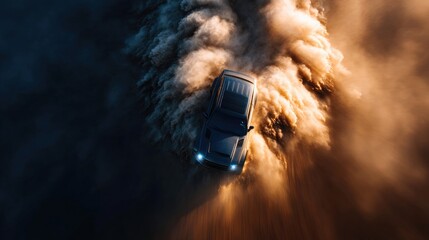 High-angle view of a vehicle kicking up dust in a desert.