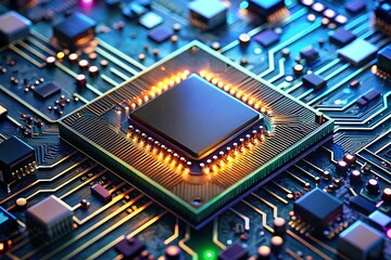 Close-up view of illuminated microprocessor on circuit board, technological detail, glowing pins, digital technology, modern hardware, electronic components, intricate design,