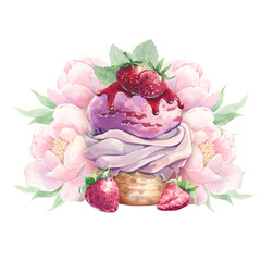 Ice cream with strawberries in a waffle cone on a background of flowers in watercolor.