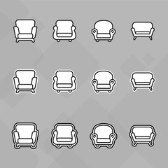 Furniture icons set,Collection of sofa, armchair, wardrobe, bedroom table, interior, Chair and Sofa of front view line icon