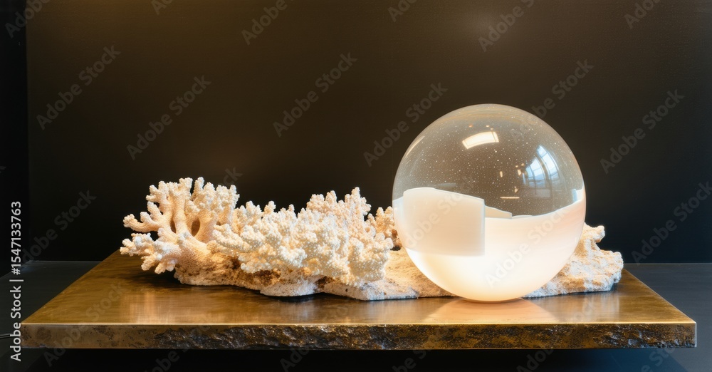 Poster glass sphere rests upon coral, wood surface. soft light emanates from within, creating warm glow. mi