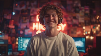 Fototapeta premium An authentic close-up of a happy young man with curly hair and headphones, smiling warmly in his gamer room with red neon lighting