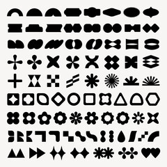 Collection of geometric shapes, including circles, squares, triangles, and hexagons. Geometric shapes in black on a grid background. Various geometric designs. Black shapes, vector element set.