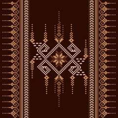 Geometric pixelated textile design with ethnic ornamental motifs