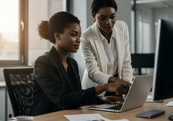 Two elegant businesswomen collaborate together at a laptop computer in a modern office setting