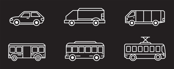 Car icon set. Simple and detailed auto symbol in different styles. Automobile vector illustration. Vehicle sign. Sedan silhouette. Black car graphic design concept.