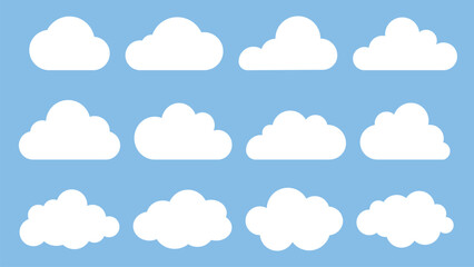 Set of white cloud icons. Various cloud shapes, cloud patterns, cloud designs, perfect for weather or sky themes. Weather illustration, vector set.