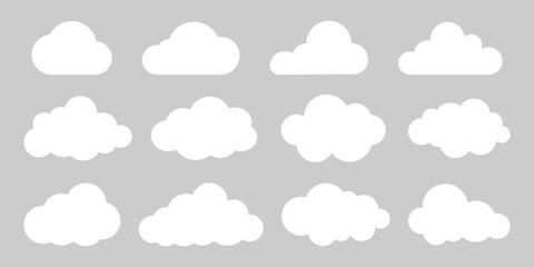 Set of white cloud icons. Various cloud shapes, cloud patterns, cloud designs, perfect for weather or sky themes. Weather illustration, vector set.