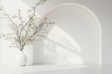 Minimalist Interior Design with White Wall Archway and Blossom Plant