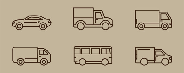 Car icons set. The car from different sides. Side view, back, front, bottom, inside. linear icon collection. Line with editable stroke