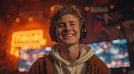 Obraz premium An ecstatic young male gamer and streamer with headphones laughs happily at the camera, in his professional setup with orange neon lights and monitors
