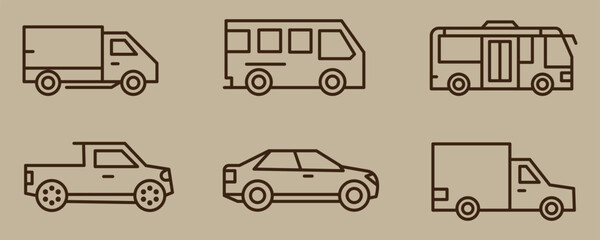 Car icon set in linear style. Transport vector illustration