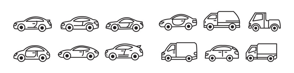 Car icon set in linear style. Transport vector illustration