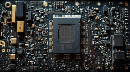 Close-up of electronic circuit board with processor. Technology background.