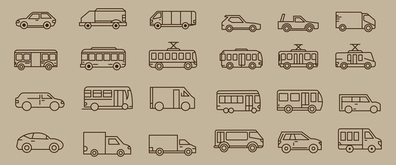 Car icon set in linear style. Transport symbol. Vector illustration . Car line icons set.