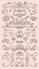 Elegant swirl dividers in black, featuring various decorative swirls, curls, and lines. Swirl designs perfect for invitations, borders, and decorative accents. Hand drawn ornament vector set.