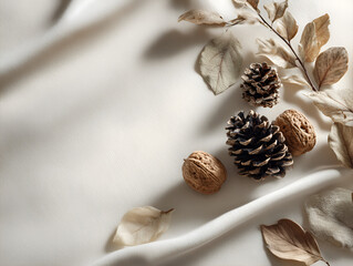 Stylized Still Life with Pine Cones, Walnuts and Dried Leaves on Silk