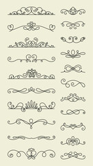 Elegant swirl dividers in black, featuring various decorative swirls, curls, and lines. Swirl designs perfect for invitations, borders, and decorative accents. Hand drawn ornament vector set.