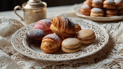 Cinematic Display of French Pastries with Croissants, Macarons, and Eclairs on Elegant Lace Table