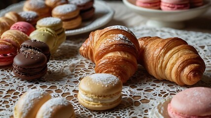 Cinematic Display of French Pastries with Croissants, Macarons, and Eclairs on Elegant Lace Table