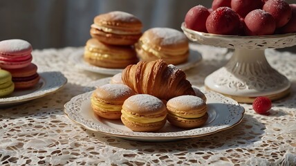 Cinematic Display of French Pastries with Croissants, Macarons, and Eclairs on Elegant Lace Table