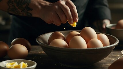 Slow Motion of Chef Cracking Eggs into Bowl with Ambient Kitchen Sounds