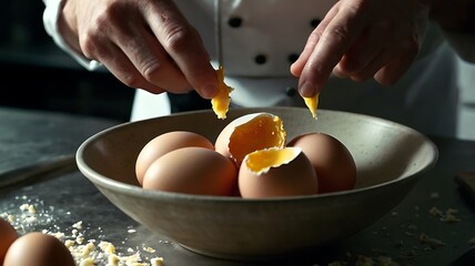 Slow Motion of Chef Cracking Eggs into Bowl with Ambient Kitchen Sounds