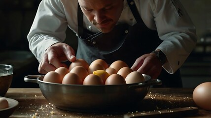 Slow Motion of Chef Cracking Eggs into Bowl with Ambient Kitchen Sounds