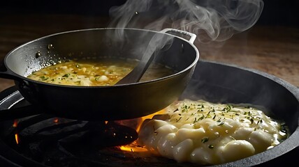 Dramatic Sizzling Pan with Garlic and Butter as Steam Rises in Cinematic Detail