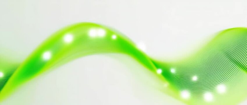 A close-up tracking shot The individual fine green lines that form the wave move like a data stream, overtaking each other and creating a shimmering effect Bright particles of light race along