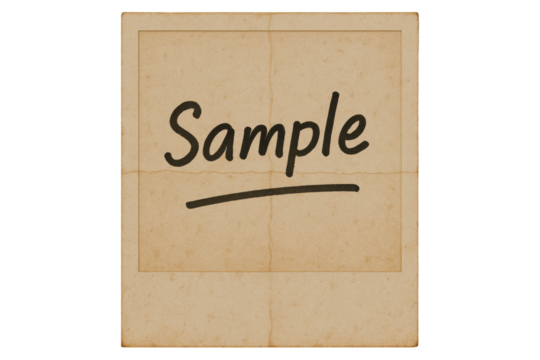 Aged paper polaroid style frame with handwritten underlined "Sample" text isolated on Transparent Background