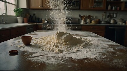 Immersive POV of Kitchen Counter Mid-Recipe with Flour Clouds and Realistic Spills