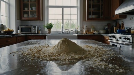 Immersive POV of Kitchen Counter Mid-Recipe with Flour Clouds and Realistic Spills