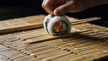 Traditional Japanese Sushi Roll Prepared with Bamboo Mat and Precision Blade Work