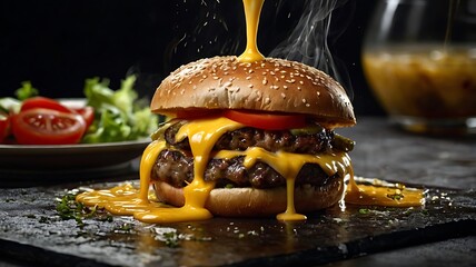 Juicy Burger Sliced in Half Revealing Steam and Melted Cheese in Mouthwatering Detail